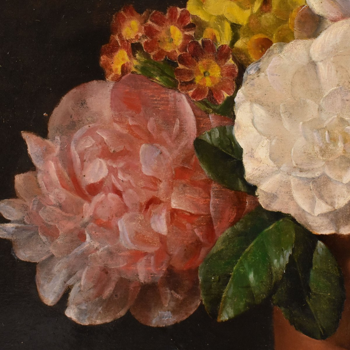 Antique Floral Painting, Peonies And Roses Flowers, Oil On Canvas, 19th Century. (qf720)-photo-5