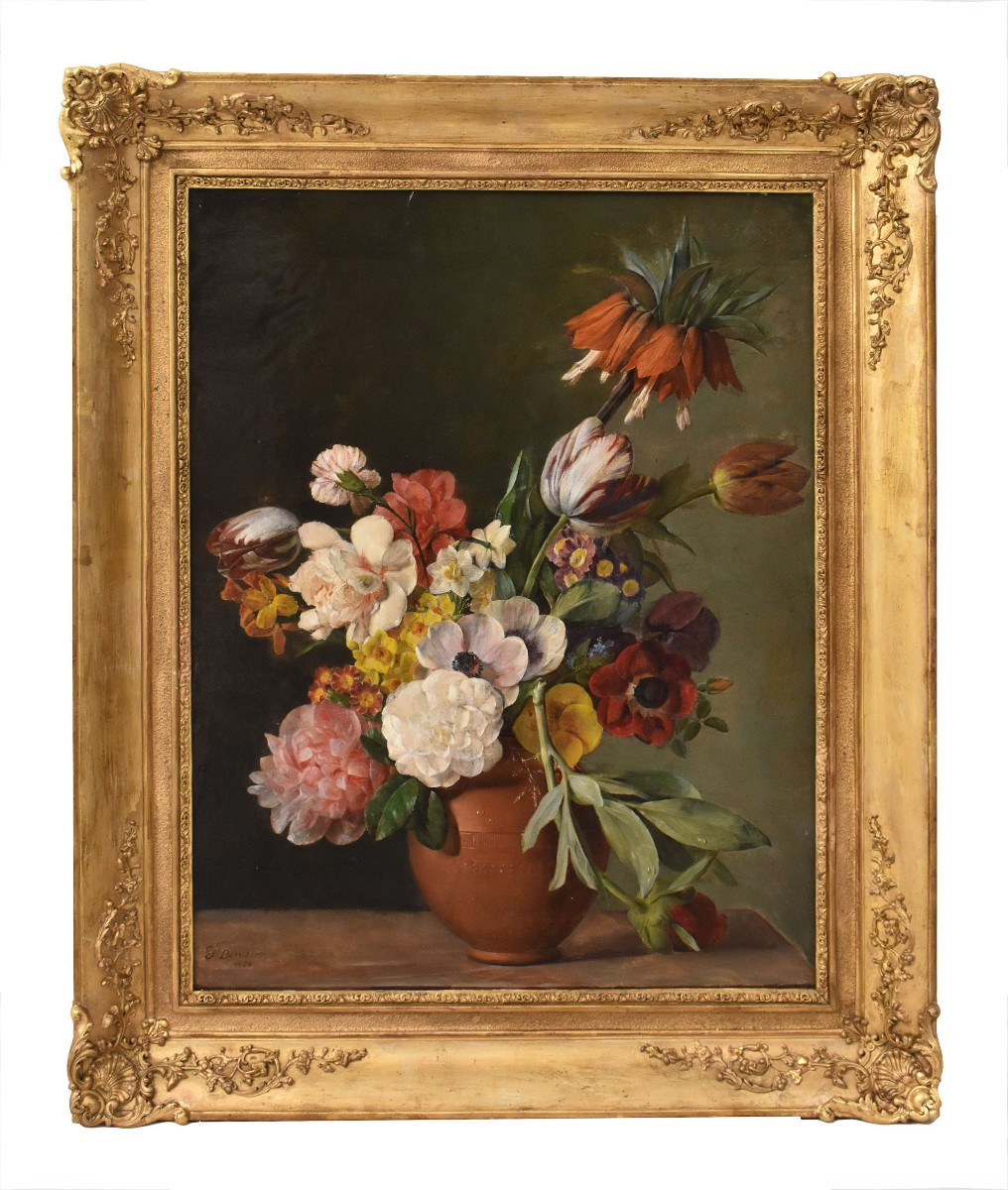 Antique Floral Painting, Peonies And Roses Flowers, Oil On Canvas, 19th Century. (qf720)