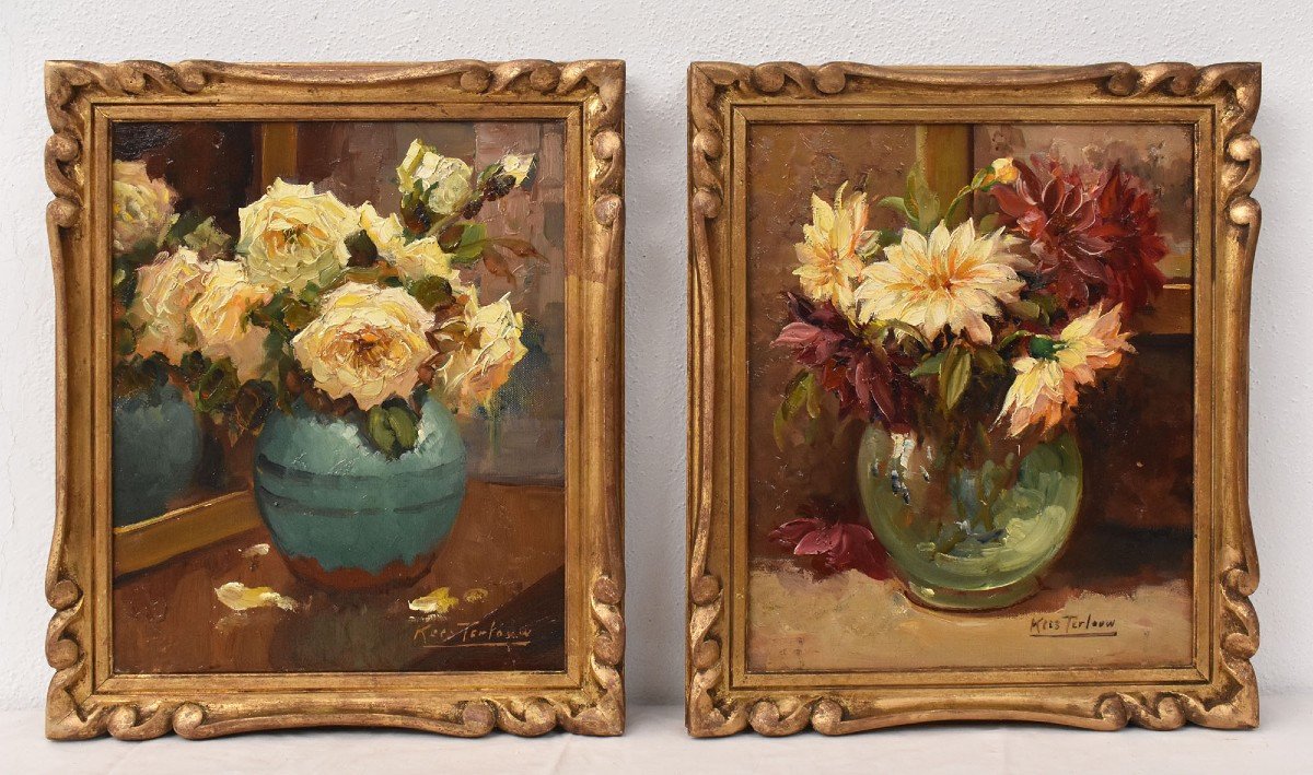 Tableau Fleur, Kees Terlouw, Petite Nature morte, Roses Jaunes, Art Déco  (QF719)-photo-6