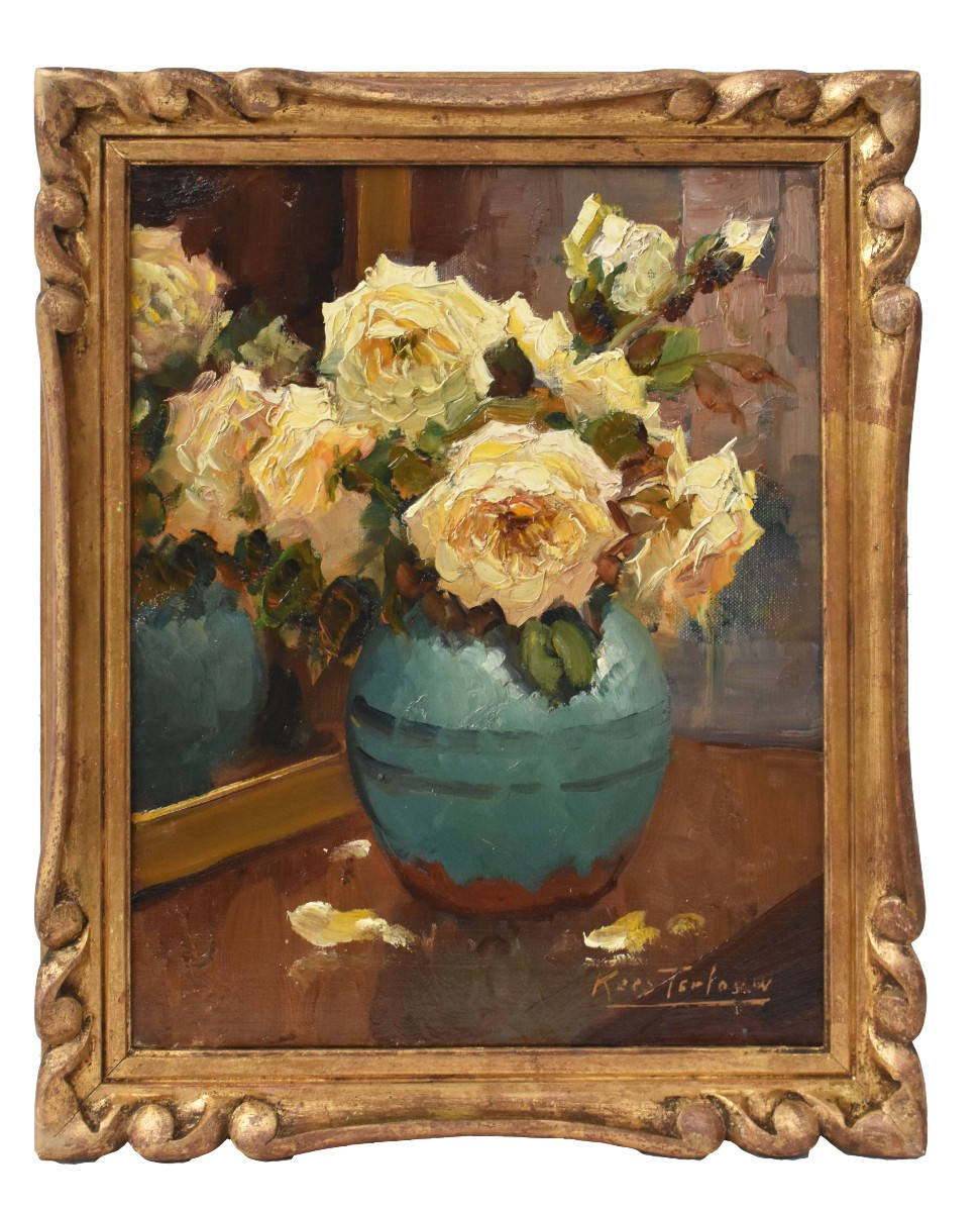 Tableau Fleur, Kees Terlouw, Petite Nature morte, Roses Jaunes, Art Déco  (QF719)