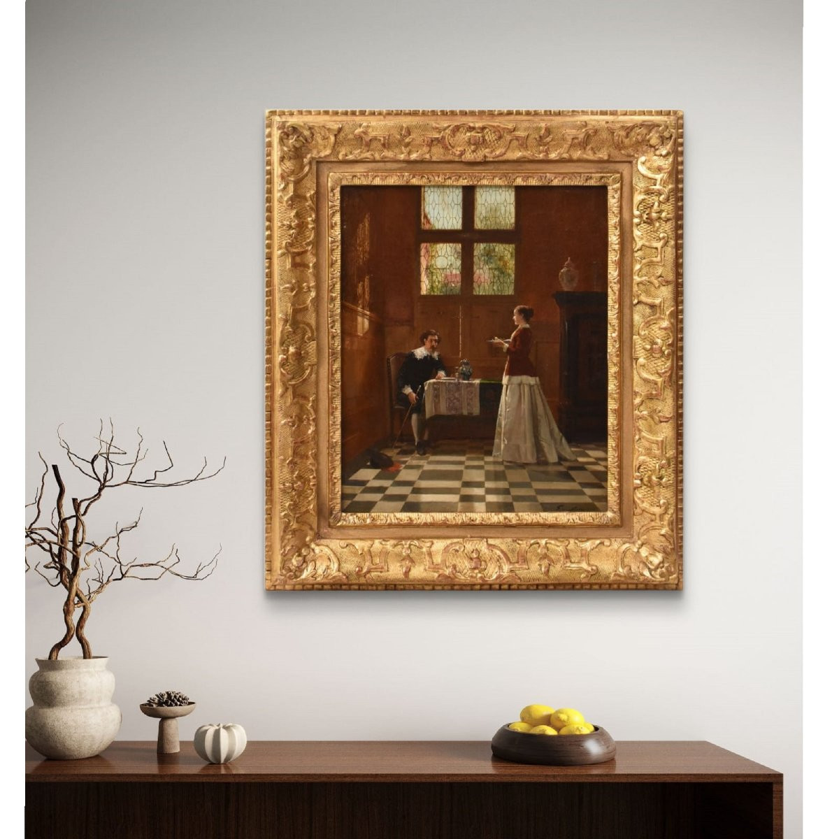 Antique Gentleman And Woman Portrait Painting, Interior Scene, Oil On Canvas, XIX. (qr721)-photo-2