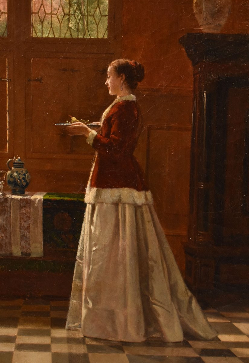 Antique Gentleman And Woman Portrait Painting, Interior Scene, Oil On Canvas, XIX. (qr721)-photo-1