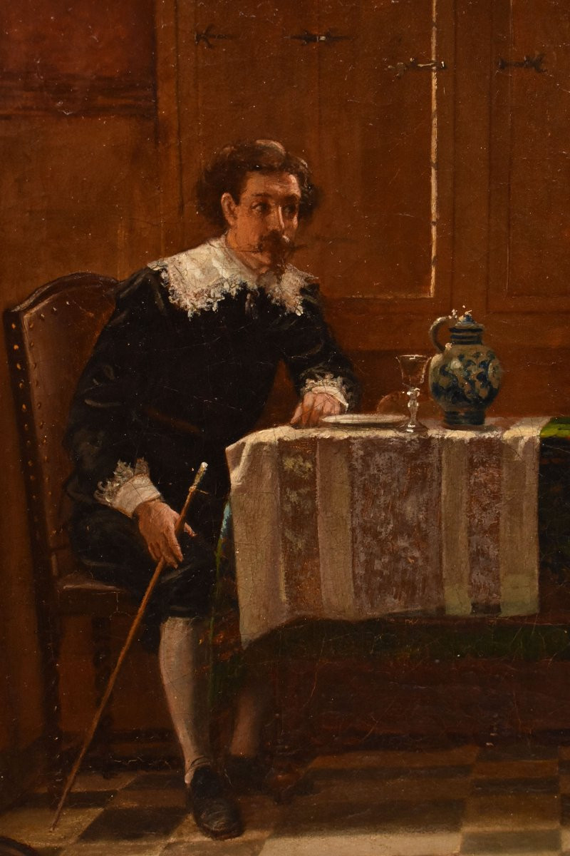 Antique Gentleman And Woman Portrait Painting, Interior Scene, Oil On Canvas, XIX. (qr721)-photo-2