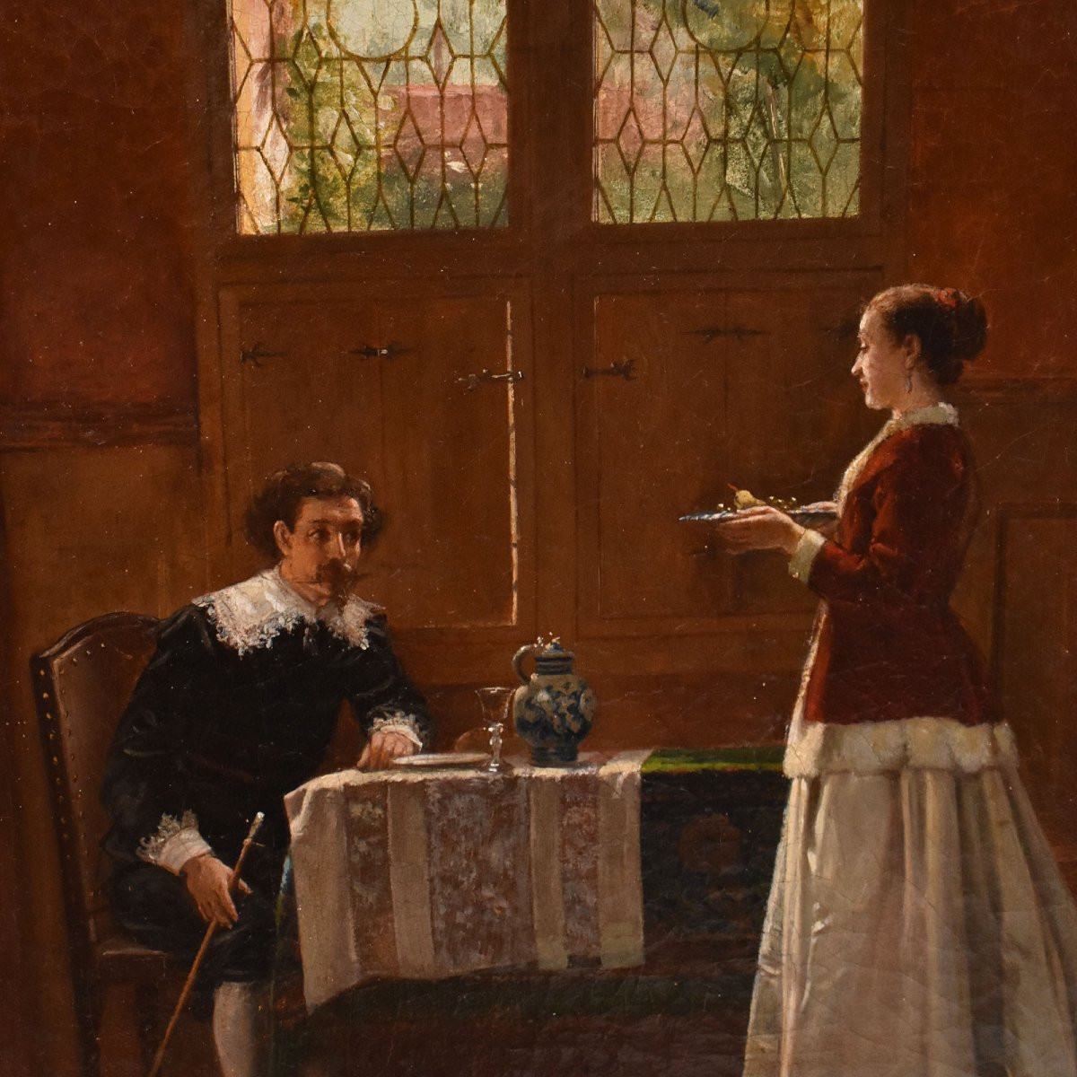 Antique Gentleman And Woman Portrait Painting, Interior Scene, Oil On Canvas, XIX. (qr721)-photo-3