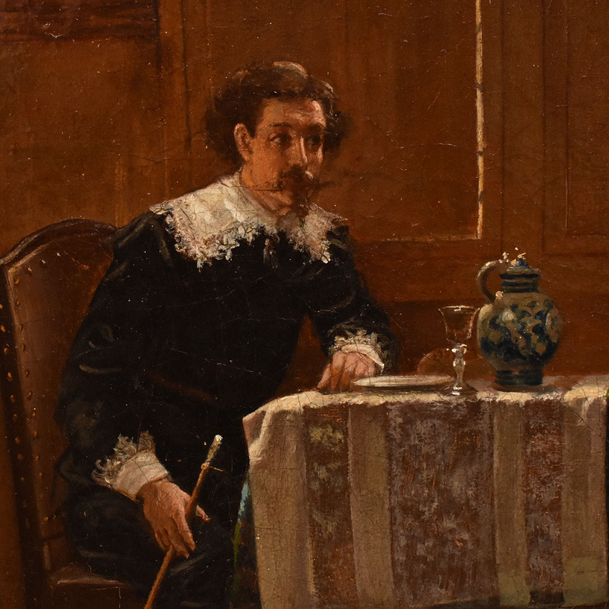 Antique Gentleman And Woman Portrait Painting, Interior Scene, Oil On Canvas, XIX. (qr721)-photo-4