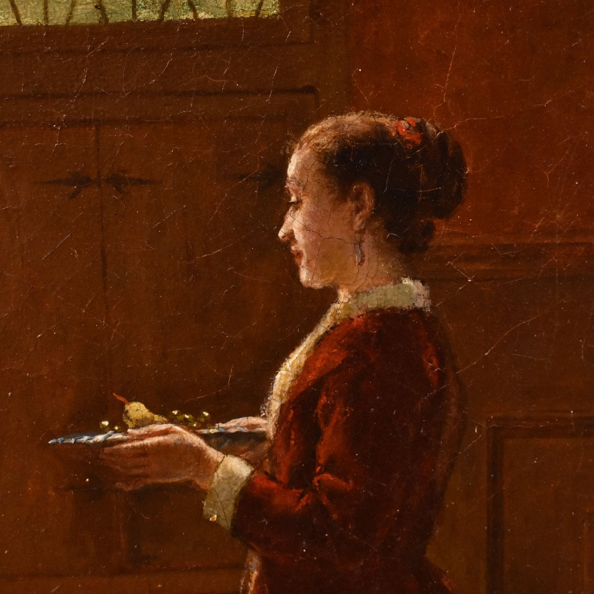 Antique Gentleman And Woman Portrait Painting, Interior Scene, Oil On Canvas, XIX. (qr721)-photo-5