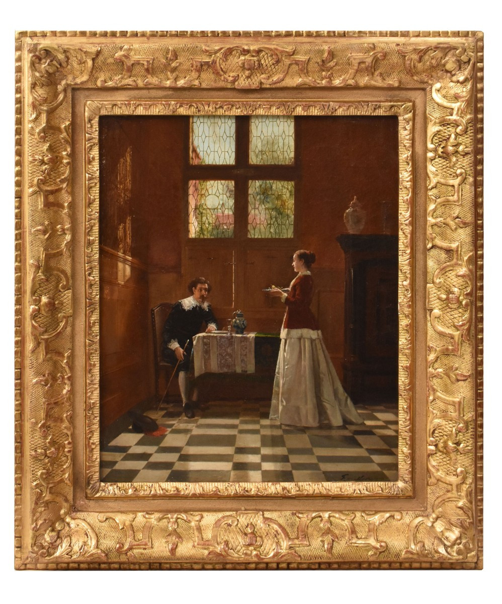 Antique Gentleman And Woman Portrait Painting, Interior Scene, Oil On Canvas, XIX. (qr721)
