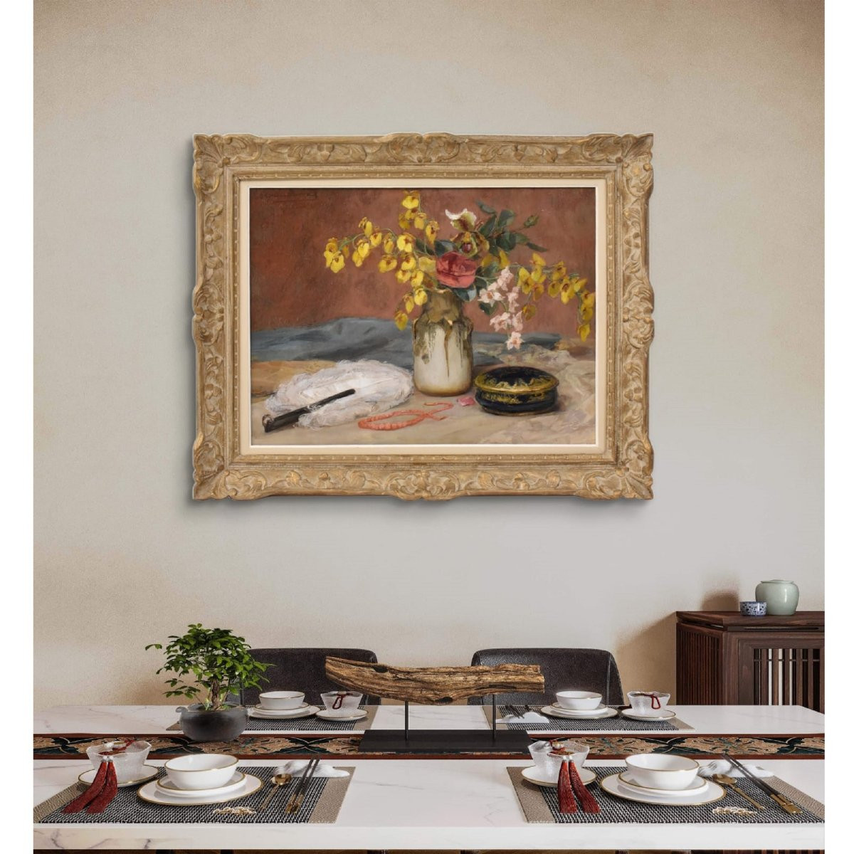 Art Deco Still Life Painting, Flowers Vase Painting, Spring Floral, Oil On Canvas (qnm722)-photo-2