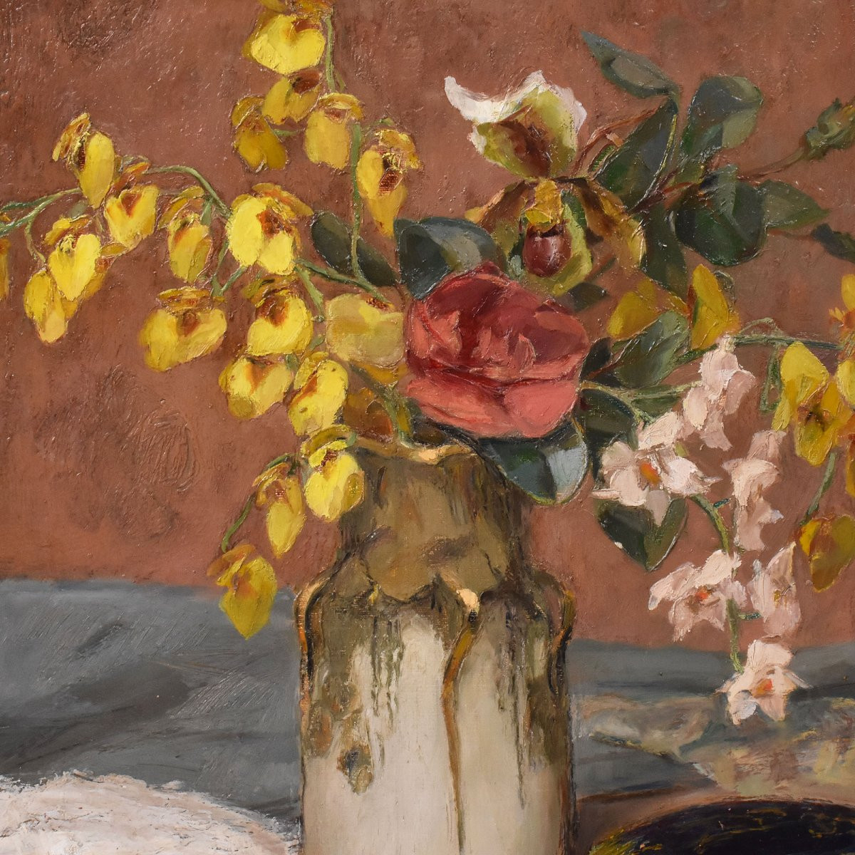 Art Deco Still Life Painting, Flowers Vase Painting, Spring Floral, Oil On Canvas (qnm722)-photo-4