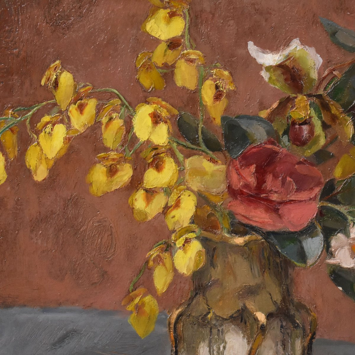 Art Deco Still Life Painting, Flowers Vase Painting, Spring Floral, Oil On Canvas (qnm722)-photo-1