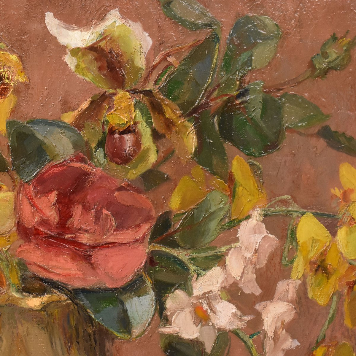 Art Deco Still Life Painting, Flowers Vase Painting, Spring Floral, Oil On Canvas (qnm722)-photo-2