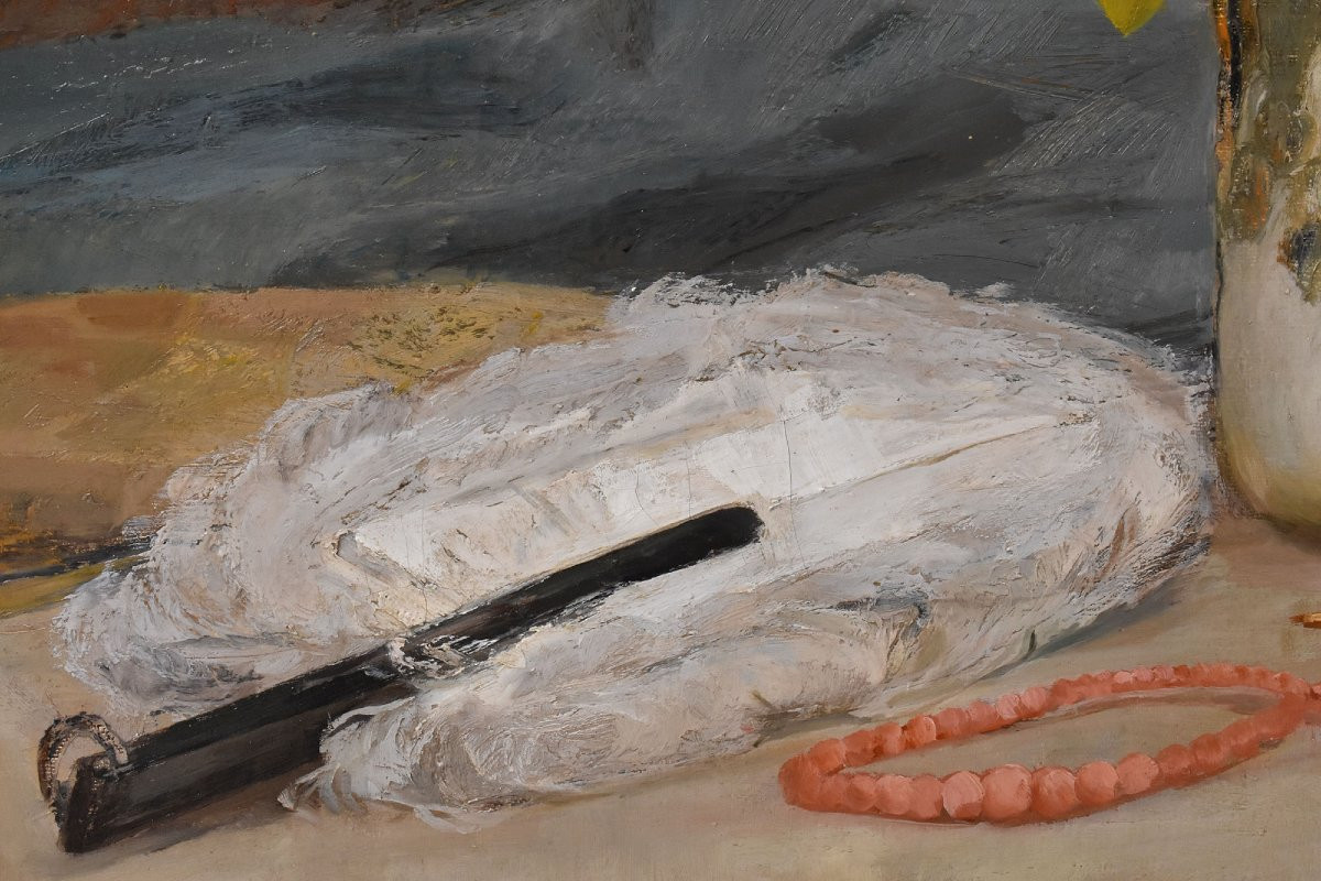 Art Deco Still Life Painting, Flowers Vase Painting, Spring Floral, Oil On Canvas (qnm722)-photo-4