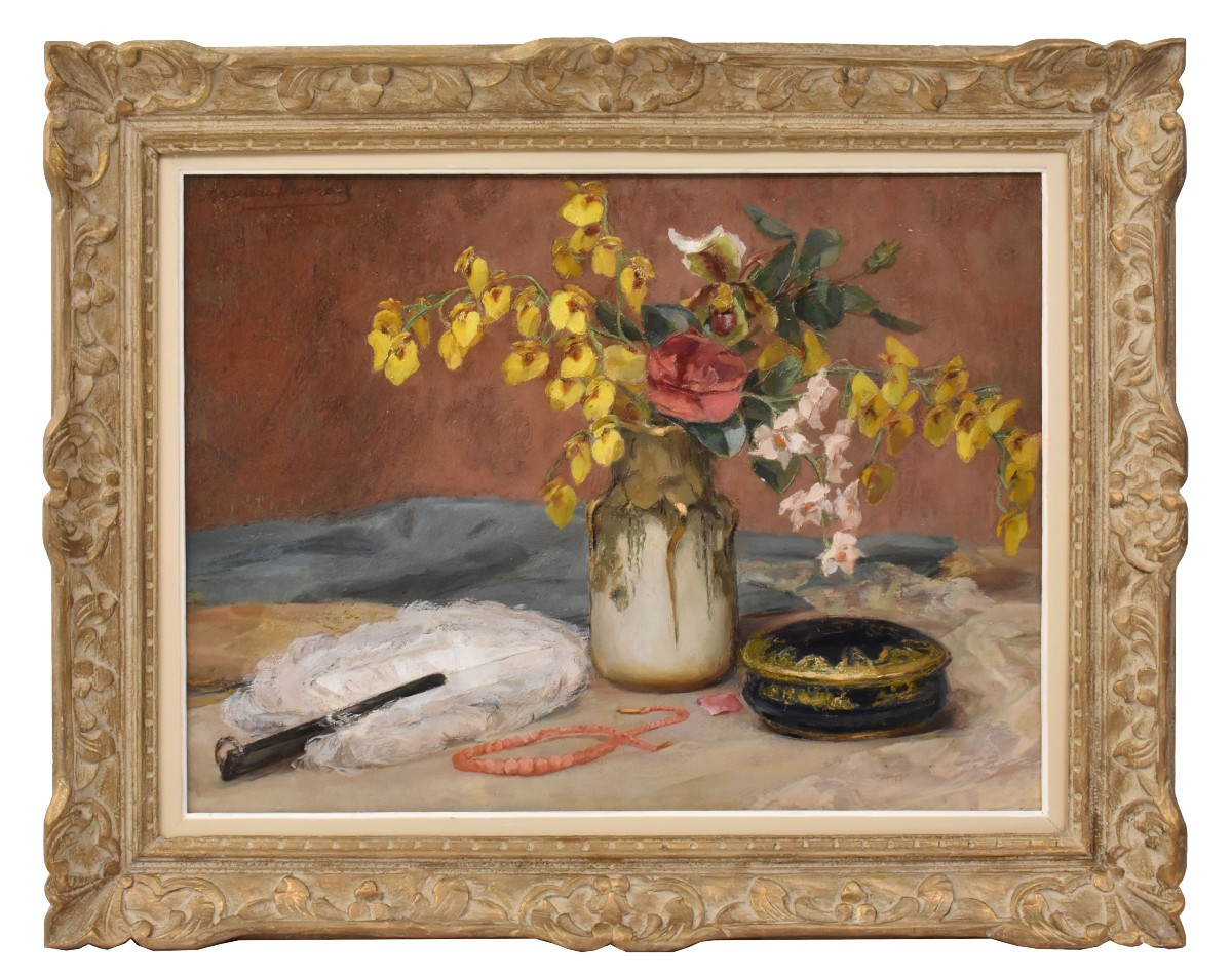 Art Deco Still Life Painting, Flowers Vase Painting, Spring Floral, Oil On Canvas (qnm722)