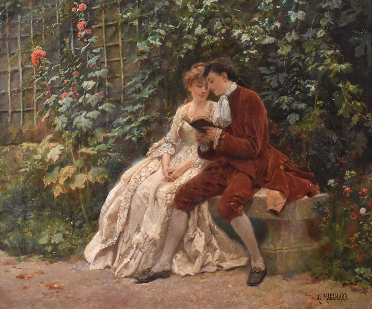 Antique Portrait Painting, Young Lady And Gentleman, Gallant Scene, Oil On Canvas, XIX (qr723)-photo-3