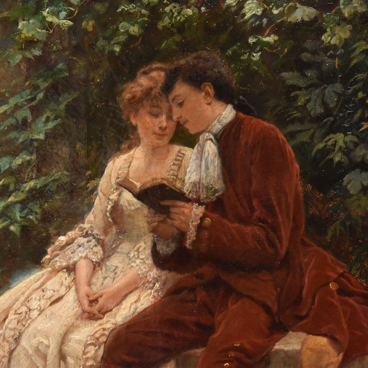 Antique Portrait Painting, Young Lady And Gentleman, Gallant Scene, Oil On Canvas, XIX (qr723)-photo-4