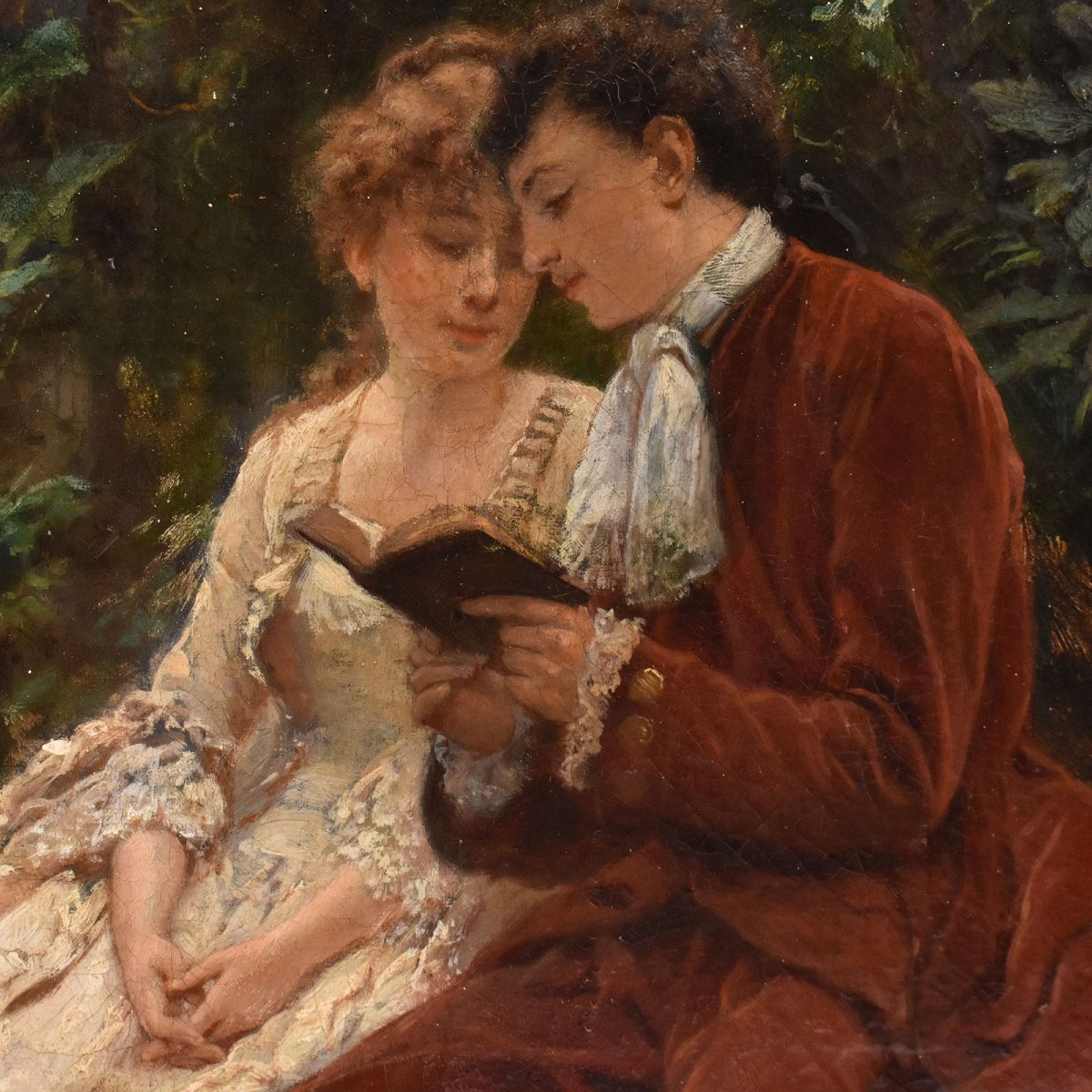 Antique Portrait Painting, Young Lady And Gentleman, Gallant Scene, Oil On Canvas, XIX (qr723)-photo-2