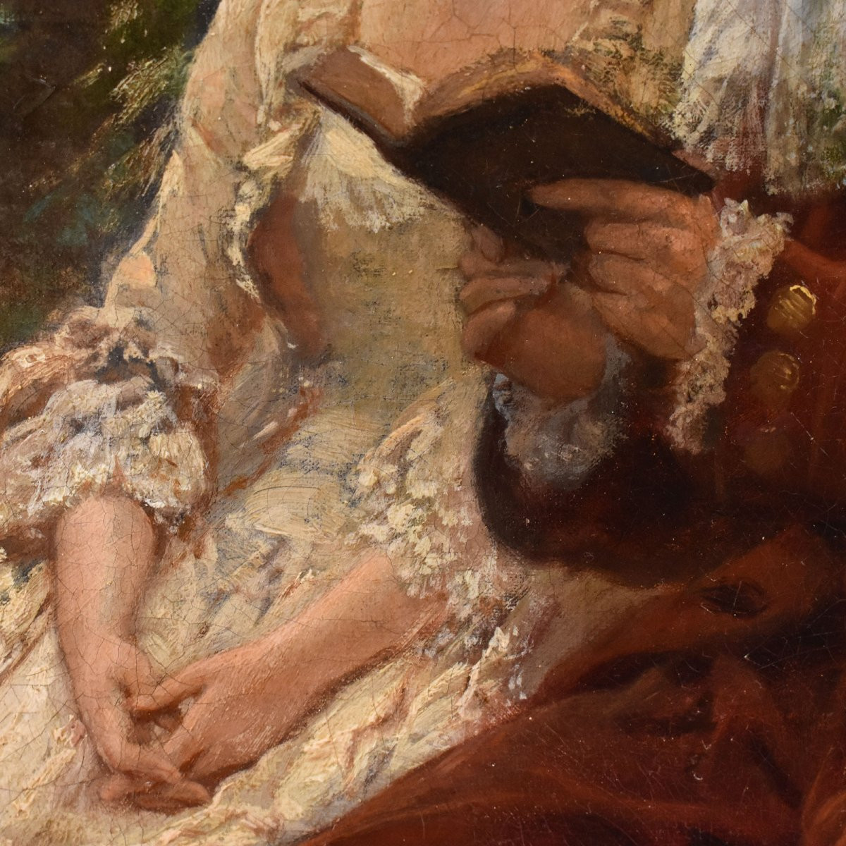 Antique Portrait Painting, Young Lady And Gentleman, Gallant Scene, Oil On Canvas, XIX (qr723)-photo-3