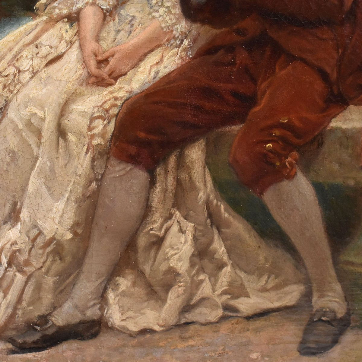 Antique Portrait Painting, Young Lady And Gentleman, Gallant Scene, Oil On Canvas, XIX (qr723)-photo-4