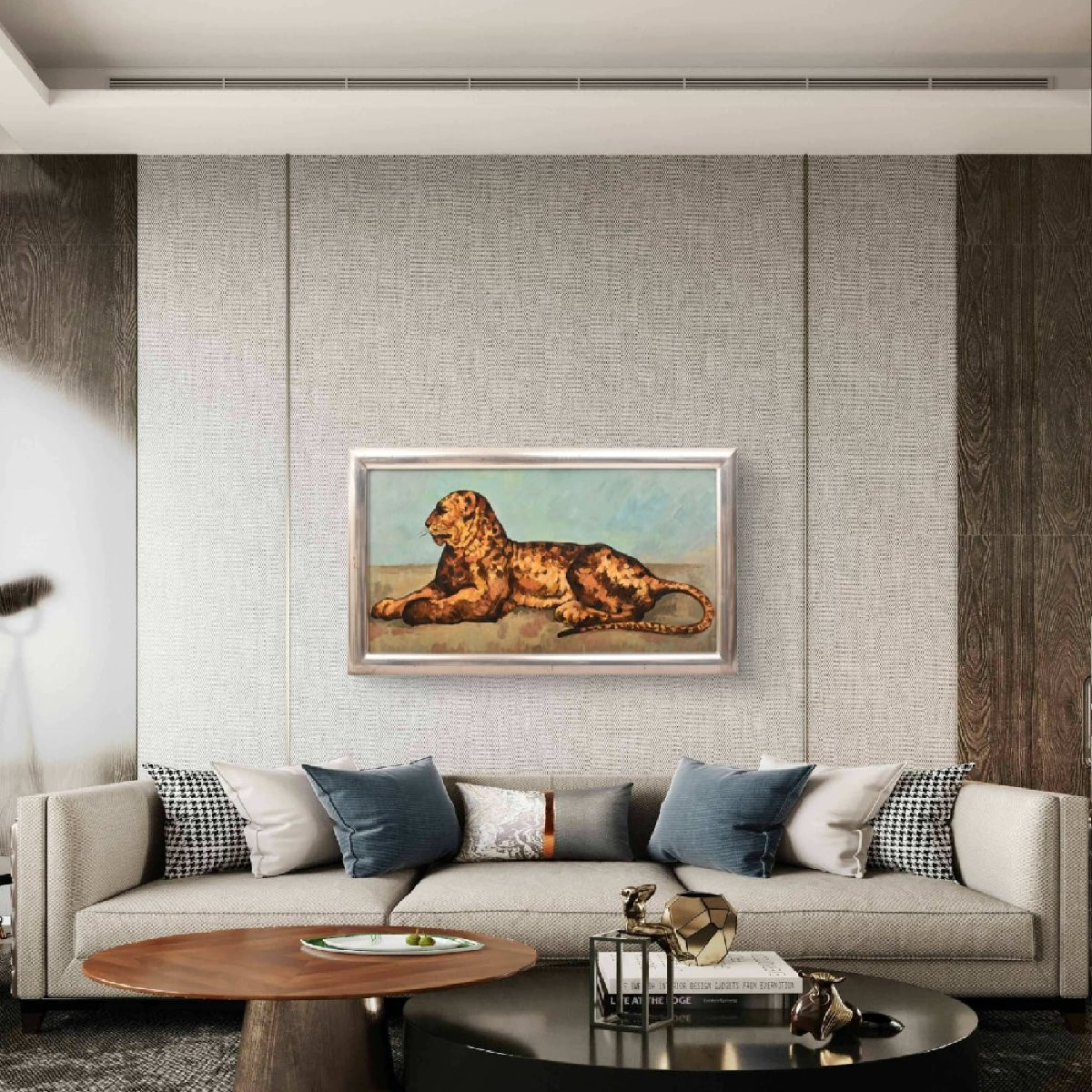 Tableau Ancien, Léopard Couché, Huile Sur Carton, Milieu Du XXè Siècle. (QA725)-photo-2