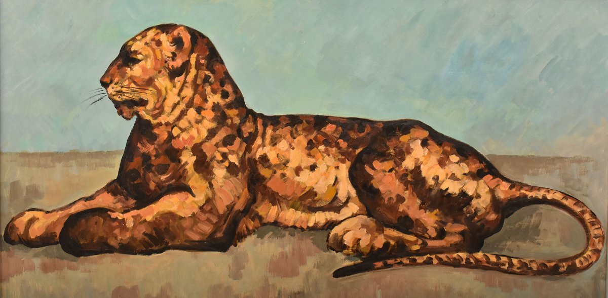 Tableau Ancien, Léopard Couché, Huile Sur Carton, Milieu Du XXè Siècle. (QA725)-photo-3
