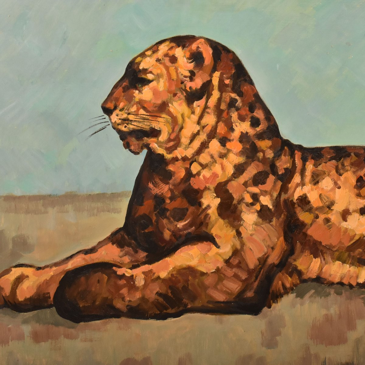 Tableau Ancien, Léopard Couché, Huile Sur Carton, Milieu Du XXè Siècle. (QA725)-photo-4