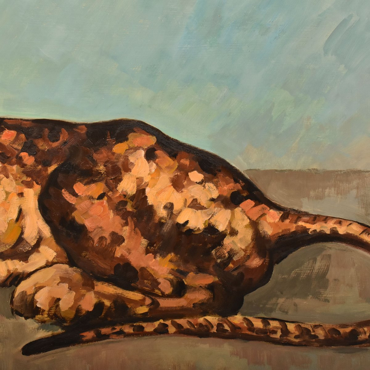 Tableau Ancien, Léopard Couché, Huile Sur Carton, Milieu Du XXè Siècle. (QA725)-photo-2