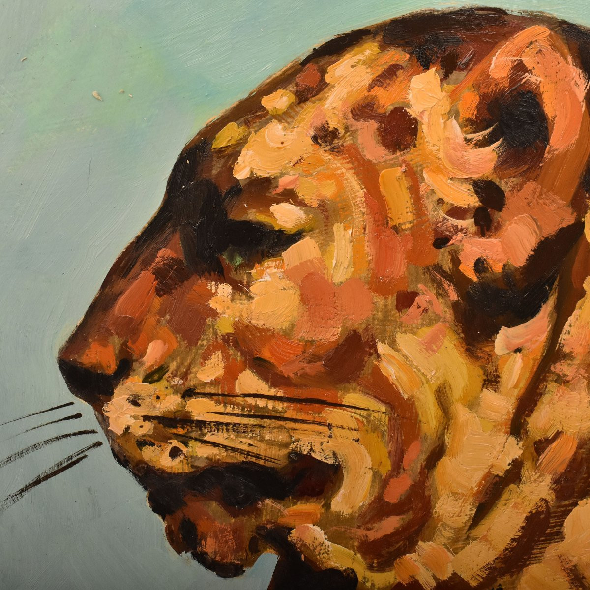 Tableau Ancien, Léopard Couché, Huile Sur Carton, Milieu Du XXè Siècle. (QA725)-photo-3