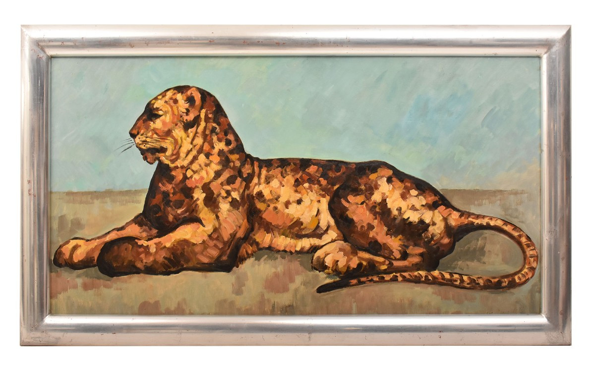 Tableau Ancien, Léopard Couché, Huile Sur Carton, Milieu Du XXè Siècle. (QA725)
