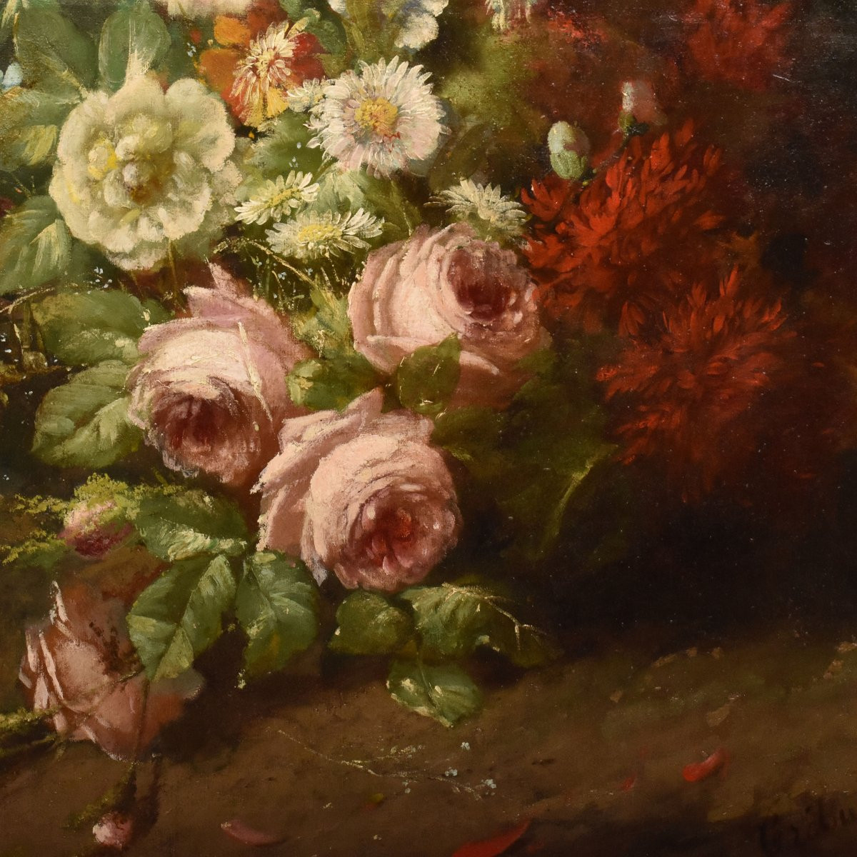 Tableau Ancien Fleurs, Étienne Léon Trébutien, Peinture nature morte florale, XIX (QF726)-photo-2