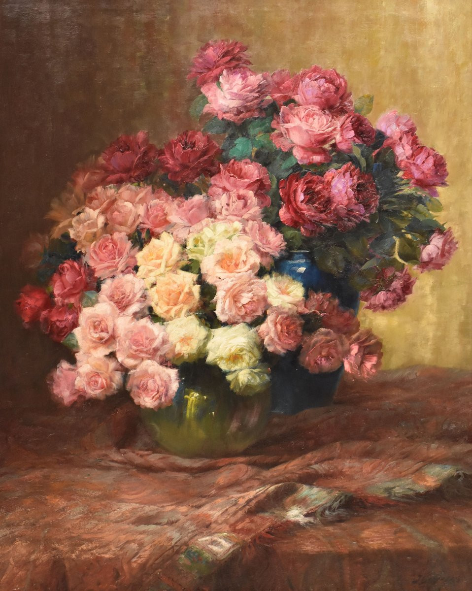 Large Flower Paintings, Roses Still Life, Oil Painting Flowers, Art Deco, XX Siècle (qf727)-photo-3