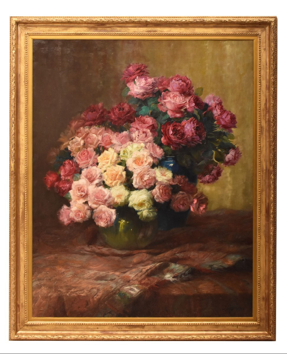 Large Flower Paintings, Roses Still Life, Oil Painting Flowers, Art Deco, XX Siècle (qf727)
