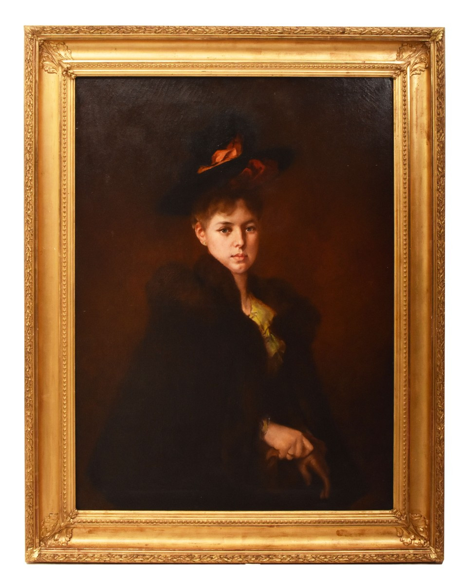 Antique Woman Portrait Painting, Elegant Female Portrait, Oil On Canvas, XIX Century. (qr729) 