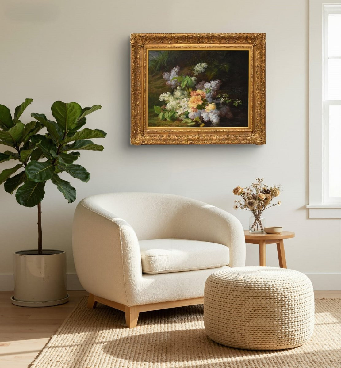 Tableau Ancien Fleurs, Peinture nature morte florale, XIX Siècle. (QF734)-photo-2