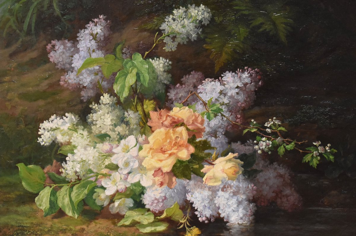 Tableau Ancien Fleurs, Peinture nature morte florale, XIX Siècle. (QF734)-photo-3