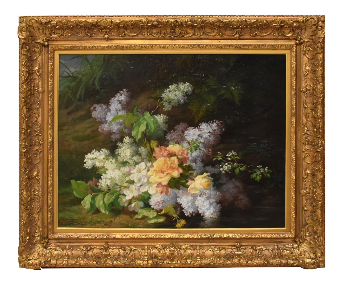 Tableau Ancien Fleurs, Peinture nature morte florale, XIX Siècle. (QF734)
