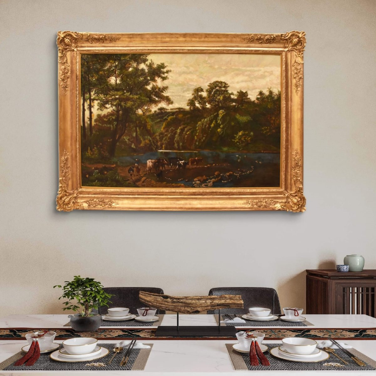 Antique Oil Painting, Landscape With Cows And Shepherds, Nature Painting, XIX Century. (qp730)-photo-2