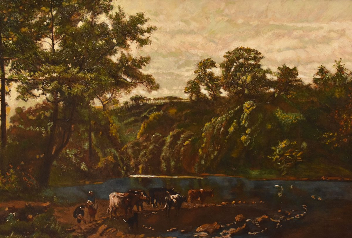 Antique Oil Painting, Landscape With Cows And Shepherds, Nature Painting, XIX Century. (qp730)-photo-3