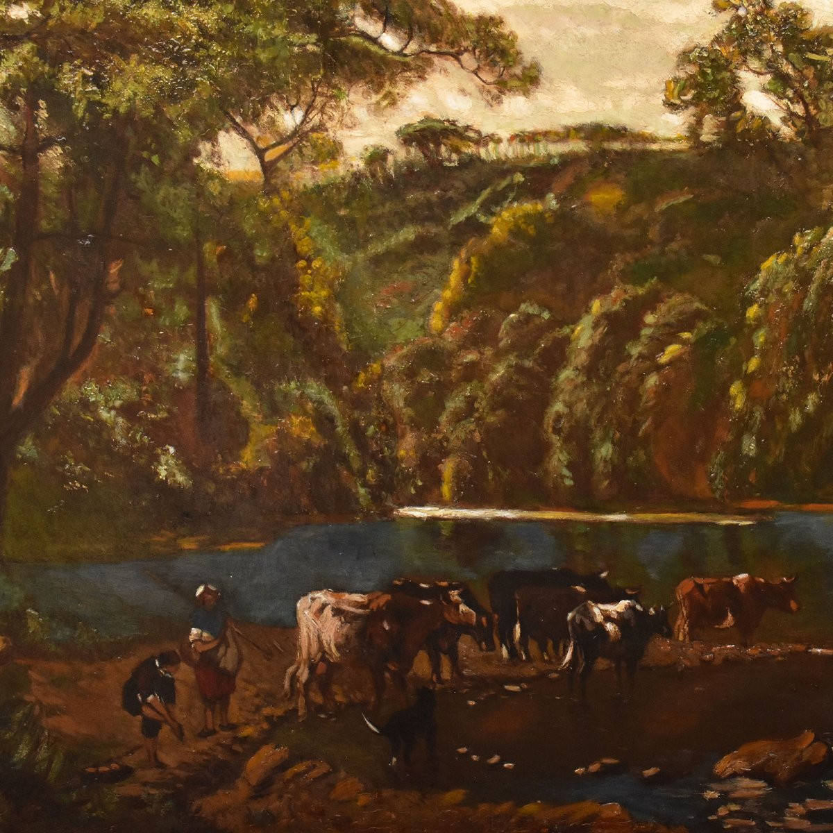 Antique Oil Painting, Landscape With Cows And Shepherds, Nature Painting, XIX Century. (qp730)-photo-4
