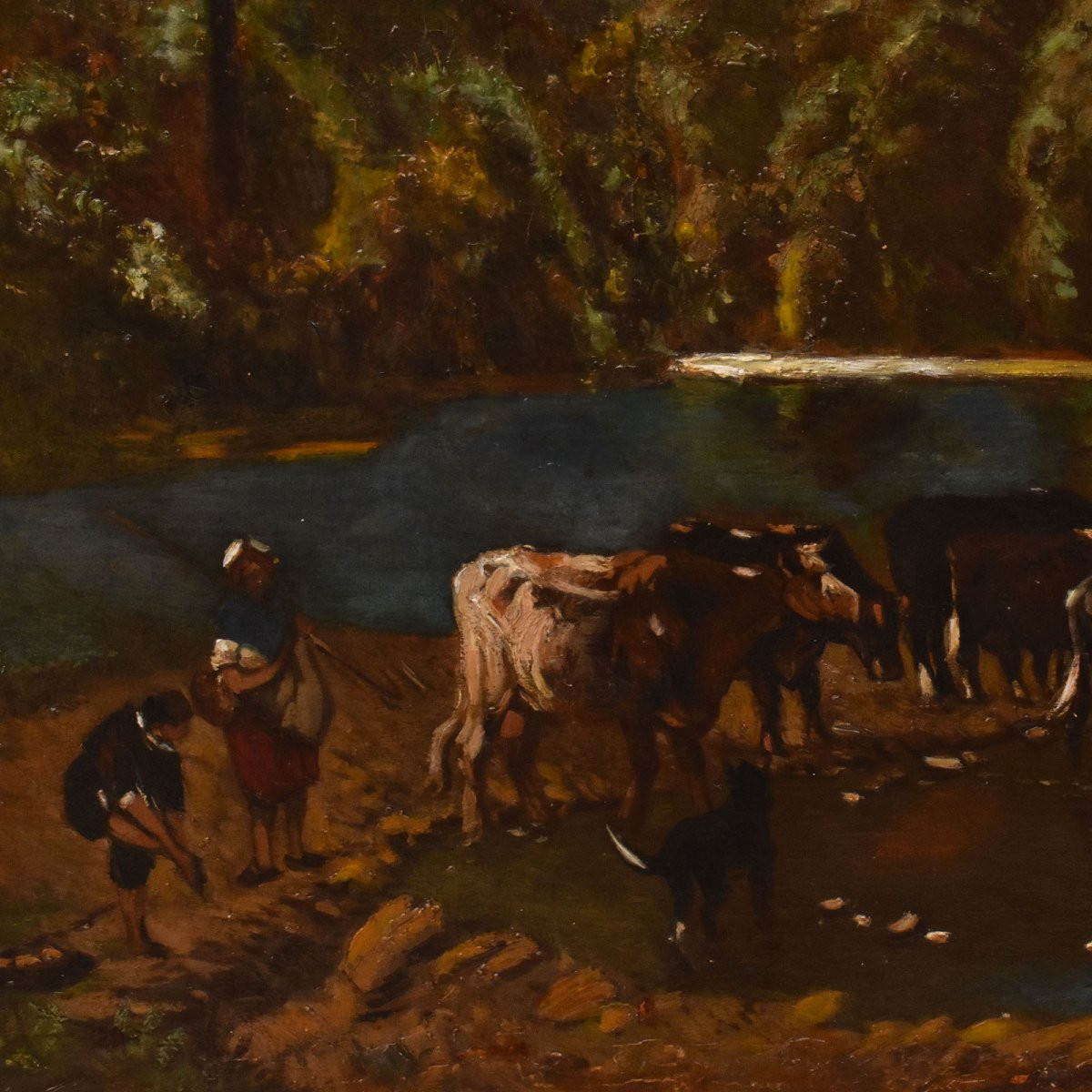 Antique Oil Painting, Landscape With Cows And Shepherds, Nature Painting, XIX Century. (qp730)-photo-1