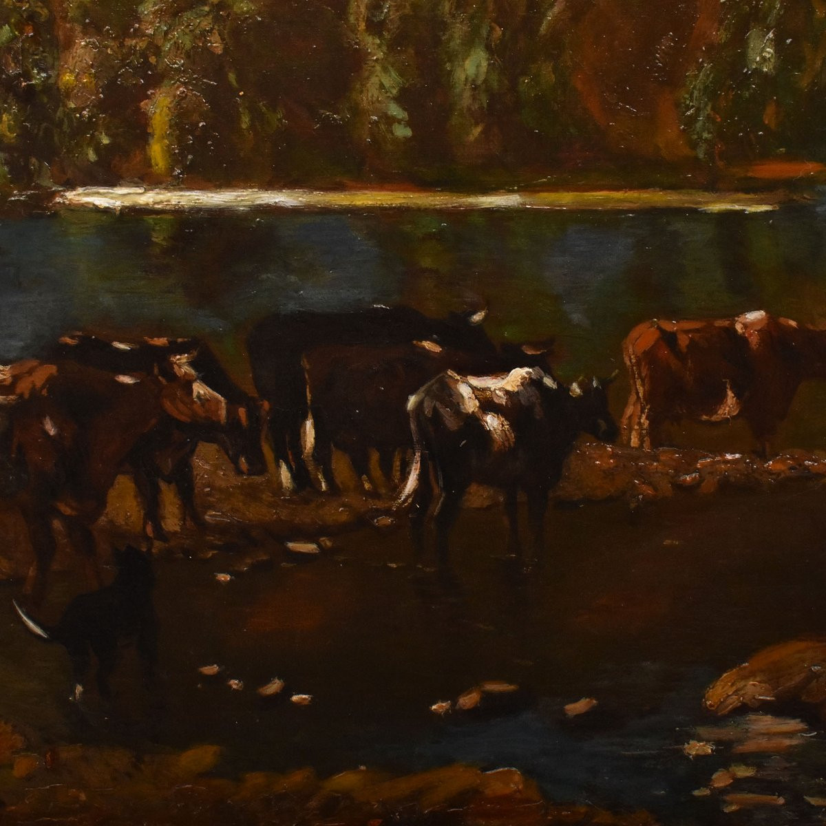 Antique Oil Painting, Landscape With Cows And Shepherds, Nature Painting, XIX Century. (qp730)-photo-2