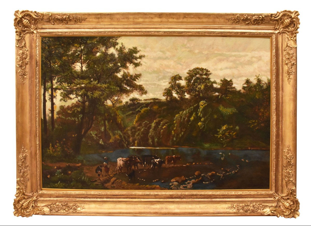 Antique Oil Painting, Landscape With Cows And Shepherds, Nature Painting, XIX Century. (qp730)
