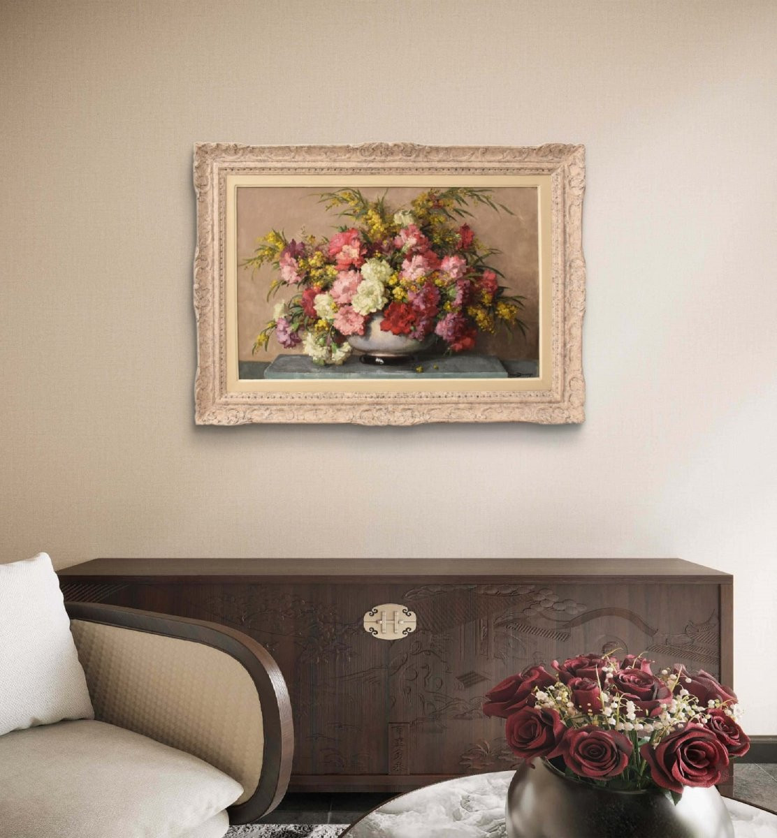 Tableau Ancien Fleurs, Maurice Decamps, Peinture Fleurs, Œillets Et Mimosass, XX (QF735)-photo-2
