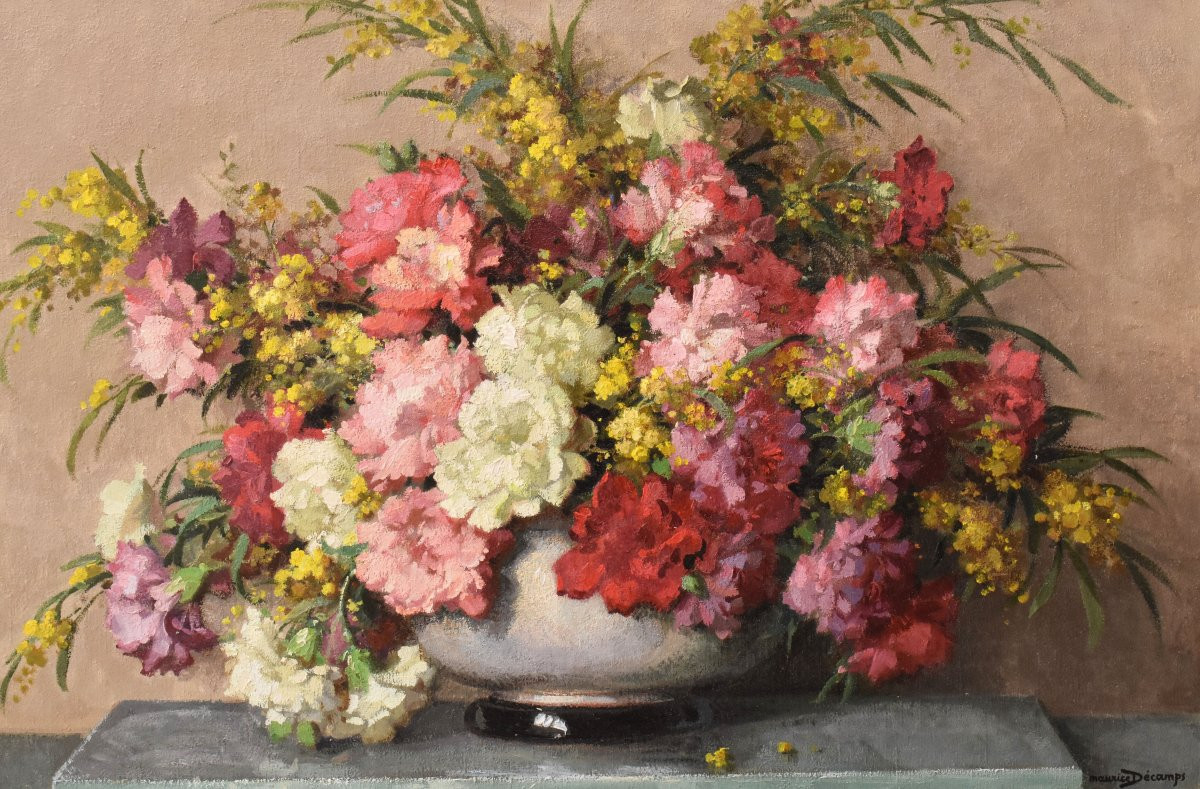 Tableau Ancien Fleurs, Maurice Decamps, Peinture Fleurs, Œillets Et Mimosass, XX (QF735)-photo-3