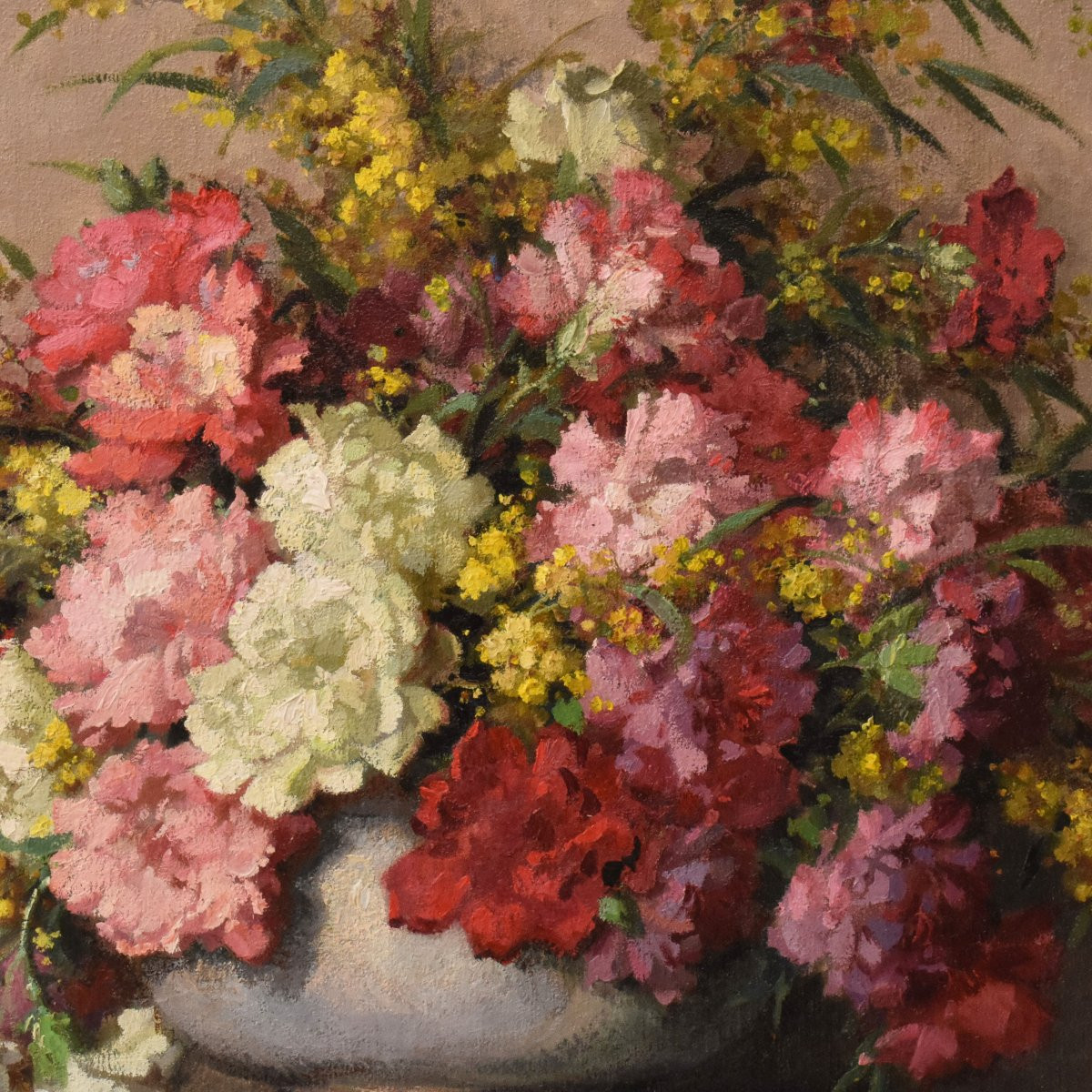 Tableau Ancien Fleurs, Maurice Decamps, Peinture Fleurs, Œillets Et Mimosass, XX (QF735)-photo-4
