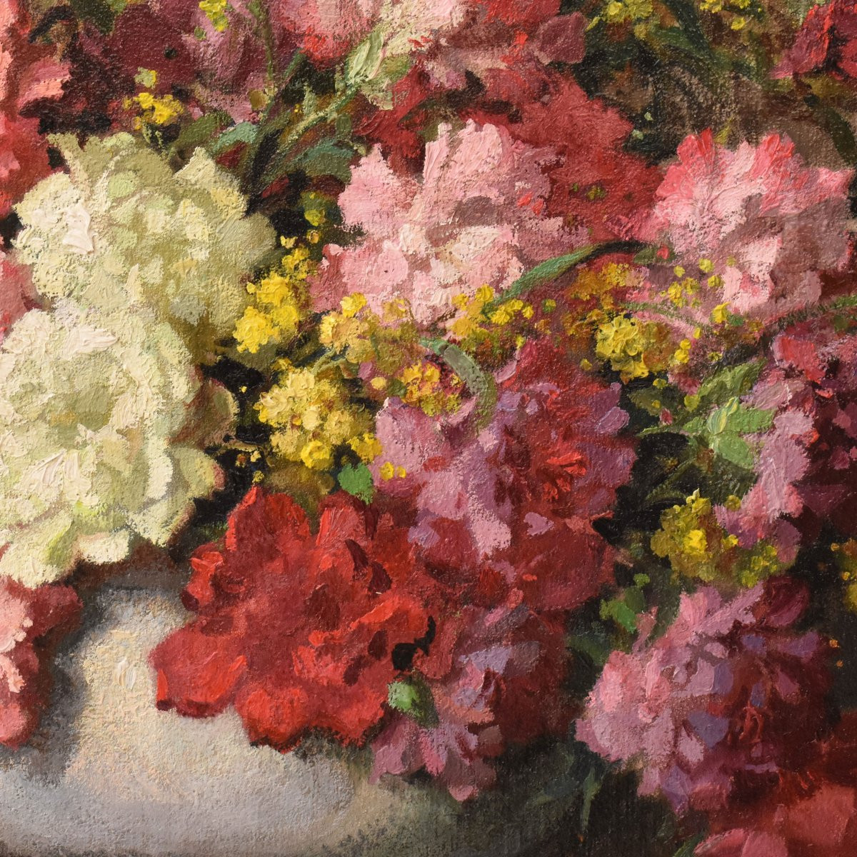 Tableau Ancien Fleurs, Maurice Decamps, Peinture Fleurs, Œillets Et Mimosass, XX (QF735)-photo-1