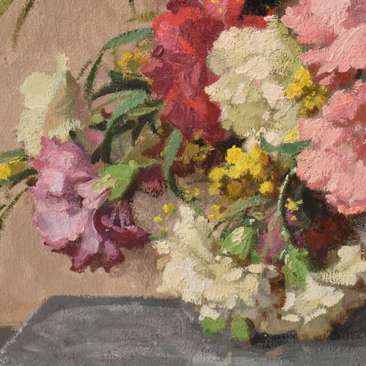 Tableau Ancien Fleurs, Maurice Decamps, Peinture Fleurs, Œillets Et Mimosass, XX (QF735)-photo-2