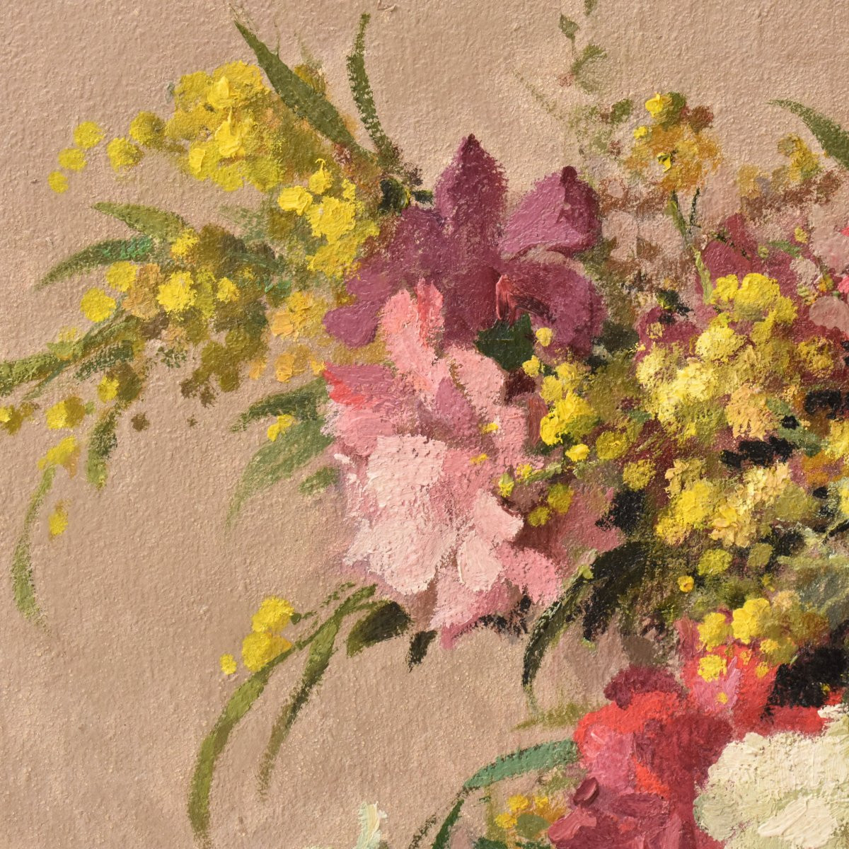 Tableau Ancien Fleurs, Maurice Decamps, Peinture Fleurs, Œillets Et Mimosass, XX (QF735)-photo-3