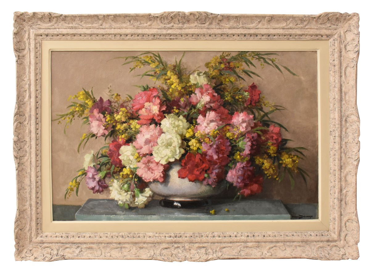 Tableau Ancien Fleurs, Maurice Decamps, Peinture Fleurs, Œillets Et Mimosass, XX (QF735)