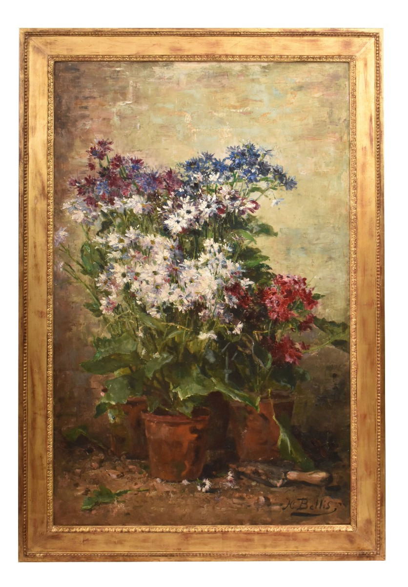 Tableau Ancien Fleurs, Hubert Bellis, Peinture Nature Morte Florale, XIX Siècle. (QF736)