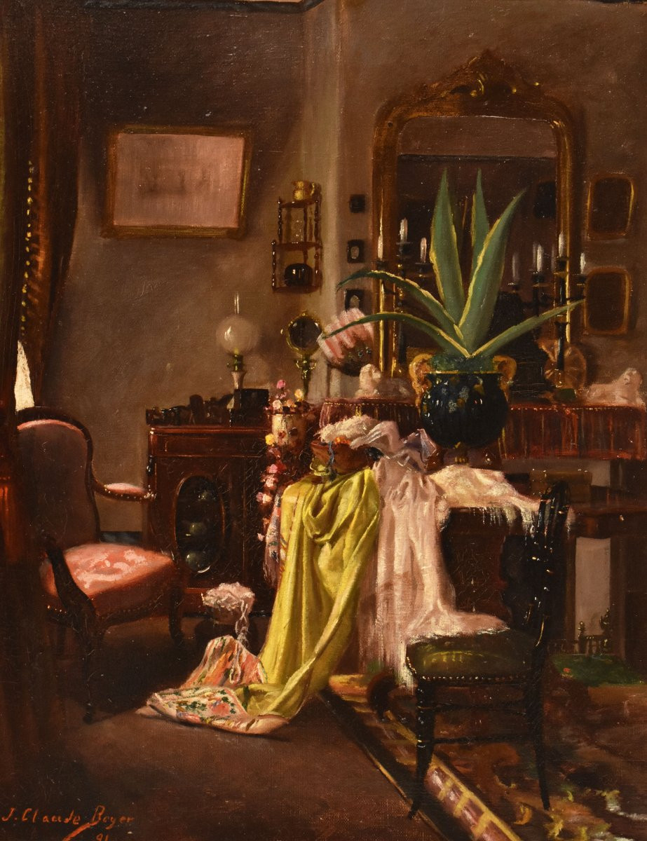 Antique Painting, Bourgeois Interior, Oil On Canvas Painting, XIX Century. (qp730)-photo-3